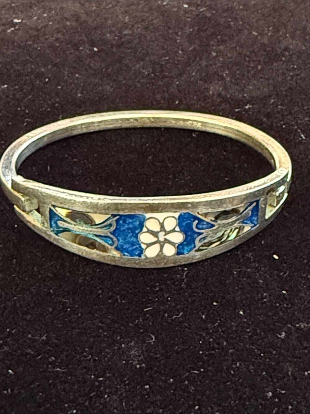 Girls Alpaca Mexico 925 Sterling cuff bracelet MOP inlaid flower butterfly desig